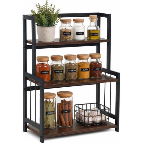 3-Tier Kitchen Spice Rack, MDF and Iron, Brown/Black (1/5)