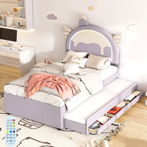 Letto a scomparsa imbottito 90x200 cm / 90x190 cm, con testiera a forma di unicorno, 3 cassetti, rete a doghe, tessuto similpelle, letto per bambini - Viola