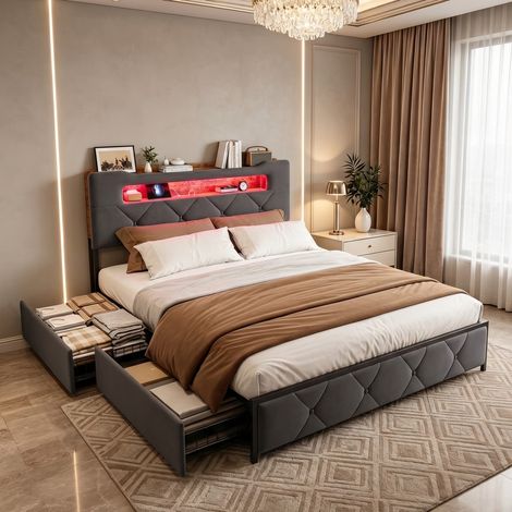 Polsterbett 140x200 cm mit Schubladen, Kopfteil mit LED, Anschluss, Lattenrost, Veloursstoff, modernes Erwachsenenbett (1/5)