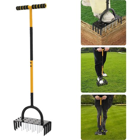 Aireador de césped, 16 púas resistentes, 8 orificios para la extracción de núcleos, mango ergonómico en forma de T, 98 cm de altura, diseño moderno. (1/5)