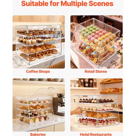 VEVOR Bakery Display Case, 4-Tier Commercial Countertop Pastry Display Case, Clear Acrylic Bread Box for Kitchen, Party Cake Cabinet with Magnetic Rear Door for Cookie Dessert Donut, 20.9"x17.1"x16.3" (1/4)