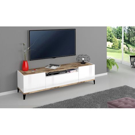 Meuble TV moderne 160 cm blanc laqué brillant/érable Shine (1/4)