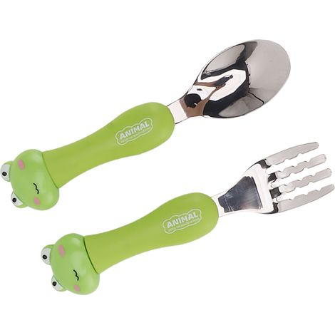 Fourchette et cuillère pour bébé en acier inoxydable, fourchettes, vaisselle portable pour enfants en forme d'animaux, grenouille (1/5)