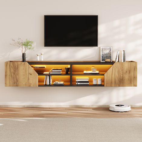 Meuble TV mural 180x36,5x40 cm avec éclairage LED Bluetooth, 2 portes, 6 rangements, pour TV jusqu'à 75 pouces, MDF - Noir + Naturel (1/5)