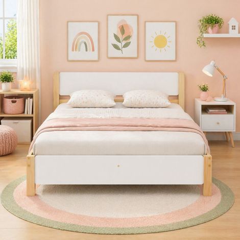 Doppelbett 140x200 cm Weiß und Natur aus Massivholz und MDF mit Lattenrost und Mittelfuß (1/5)