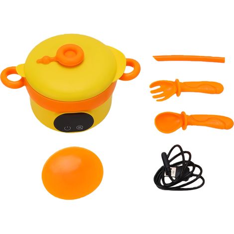 Bol chauffe-plats électrique 470ML, en acier inoxydable, sans eau, Rechargeable, isolé, boîte à déjeuner pour bébé, Orange jaune (1/5)