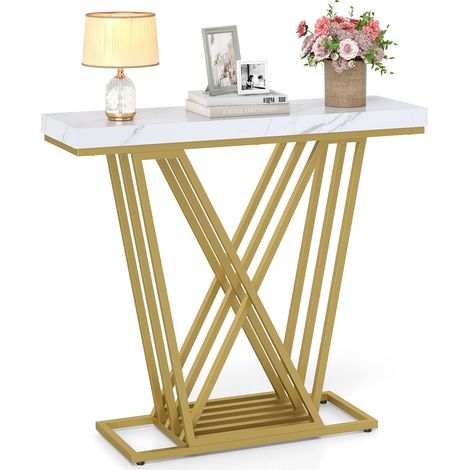 COSTWAY Gold Console Table Modern Sofa Table-White (1/5)