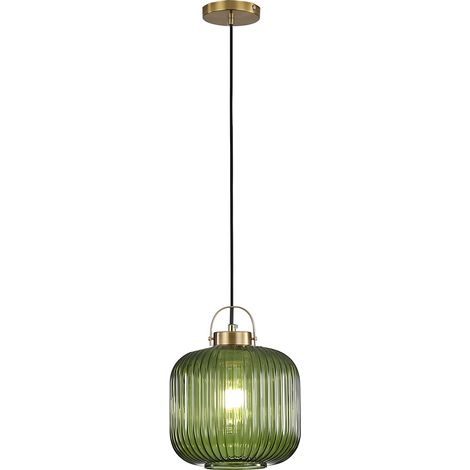 Luminaires suspension, douille de lampe dorée avec abat-jour en verre rayé, lustres, plafonnier pour cuisine, salon, chambre à coucher (Vert, M) (1/5)