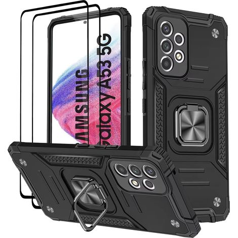 Coque pour Samsung Galaxy A53 5G, Verre Trempé [2 Pièces] + Housse TPU Silicone Rotation 360° Aimant Anneau Support Double Défense Protection Etui - Noir (1/5)