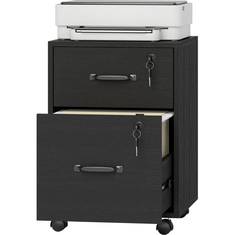 Caisson bureau mobile à 2 tiroirs, meuble rangement bureau sur roulettes pour documents suspendus format lettre, noir (1/5)