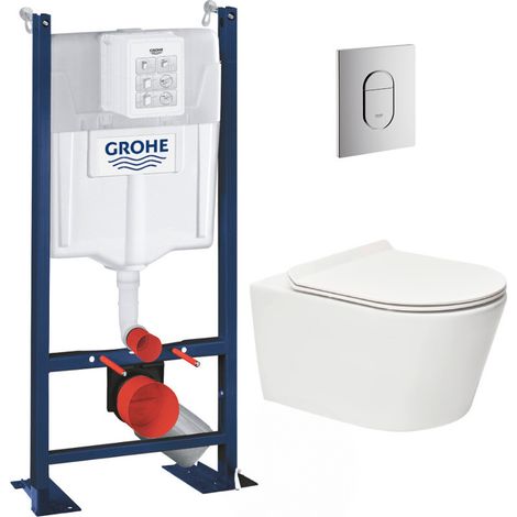 Pack WC Bâti autoportant + WC sans bride SAT Brevis + Abattant ultra-fin softclose + Plaque chrome