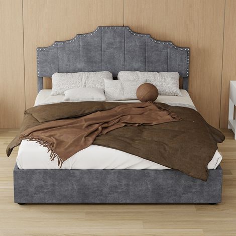 Cama de tela y metal gris 140x200 cm con somier de láminas y cabecero de diseño geométrico