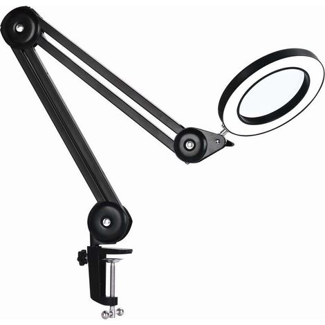 Magnifying Lamp, Work Light – with 160mm Glass Lens, 5 Diopters, Metal Clamp, Swivel Arm, 3-Color Dimmable Light, Black (1/4)