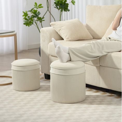 Juego de 2 pufs con almacenaje (36x36x41.5 cm), asiento acolchado, diseño plisado, poliéster crema blanca (1/5)