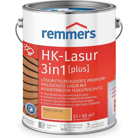 Remmers HK-Lasur 3in1 [plus] pinie/lärche, matt, 5 Liter, Holzlasur, Premium Holzlasur außen, 3fach Holzschutz mit Imprägnierung + Grundierung + Lasur