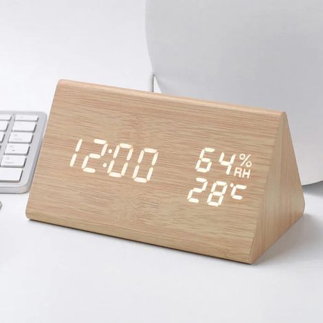Réveil numérique LED bois triangle naturel AUCUNE, affichage température humidité, commande vocale, horloge bureau (1/5)
