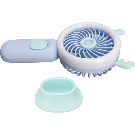 Mini ventilateur portable à main avec design en forme d'oreilles de cerf, trois vitesses, rechargeable par USB, mini ventilateur de bureau avec lumière d'ambiance, couleur bleue. (1/5)
