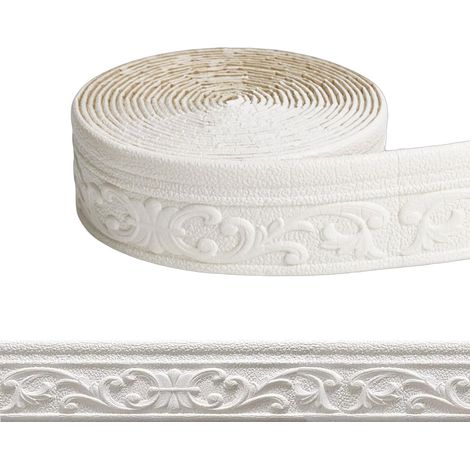 Bordure Auto-Adhésive 3D pour Mur & Plafond, Blanc Moulures Auto-Adhésives Imperméables, 10M×8CM×5MM Bandes de Finition en Mousse XPE, Bordures en Rouleau pour Angles et Lignes (1/5)