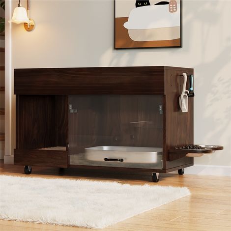 Meuble pour Maison de Toilette Chat - 100x45,5x67cm - Cache-Litière avec Gamelles et Rangement - Design Mobile Noyer (1/5)