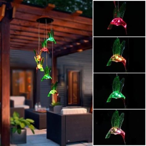 Carillon à vent Solaire Colibris LED Lumière Changeant de Couleur Lampe Solaire Oiseau-mouche pour Jardin Patio Porch Mobile (1/4)