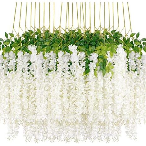 Lot 24 Glycines Artificielles, Blanc Dense, 3, 6 m, Mariage, Fête, Intérieur Extérieur, Soie, Suspendue, Déco (1/5)