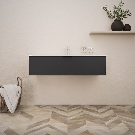 Inda - Badezimmerschrank B.120 mit glänzendem/mattem schwarzem Waschbecken, 1 Schublade - Topazio