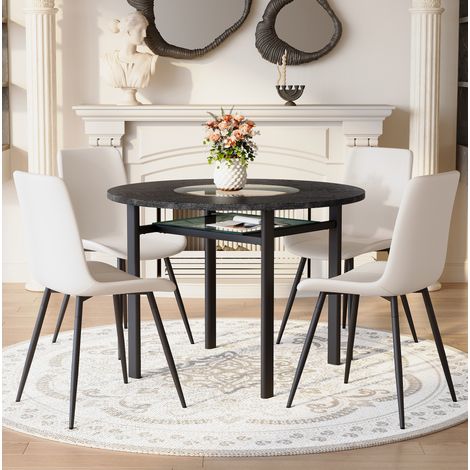 CHICFURN Conjunto mesa redonda de 100 cm en MDF efecto madera negro con 4 sillas blancas de PU (1/5)