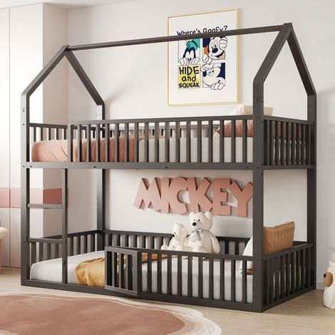 Lit Superposé 90x200 - Design Cabane Métal Noir - lit Superposé Enfant - Avec Petite Porte, Échelle, Barrières (1/5)