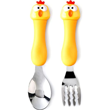 Kinderbesteckset, Gabel und Löffel aus Edelstahl, 1 Set, mit Tiermotiven und Schachtel (Huhn) (1/5)