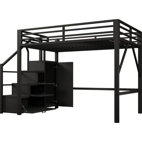 Cama alta 140x200 cm de metal negro con almacenaje, armario y LED (1/5)
