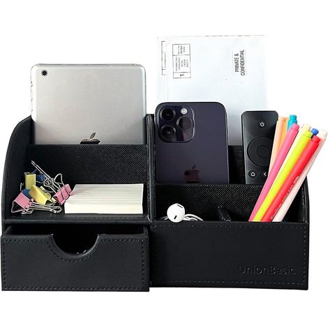 Unionbasic Schreibtisch-Organizer, Multifunktionaler Schreibtisch-Organizer aus Leder, Stiftehalter – Visitenkarten-/Stifte-/Bleistift-/Handy-/Schreibwarenhalter, Schwarz (1/5)