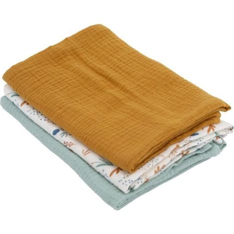 Lot de 3 langes Bambou - DOMIVA - 1 Imprimé + 2 Uni - Vert caramel - 60x60 cm (1/2)