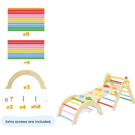 Sala de juegos, construcción de madera maciza, elementos de escalada ajustables, colores variados. (1/2)