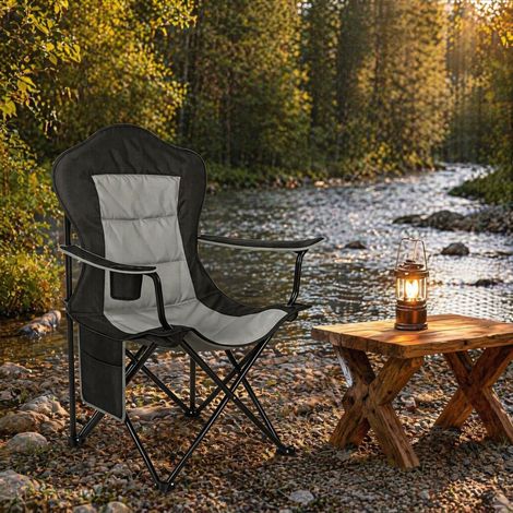 Silla de camping plegable con portavasos y bolsillo lateral, 150 kg, negro y gris oscuro DESVIAE (1/5)