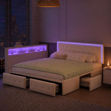Lit enfant 160x200 cm – 4 tiroirs – bandeau LED tête de lit capitonnée similicuir beige (1/5)