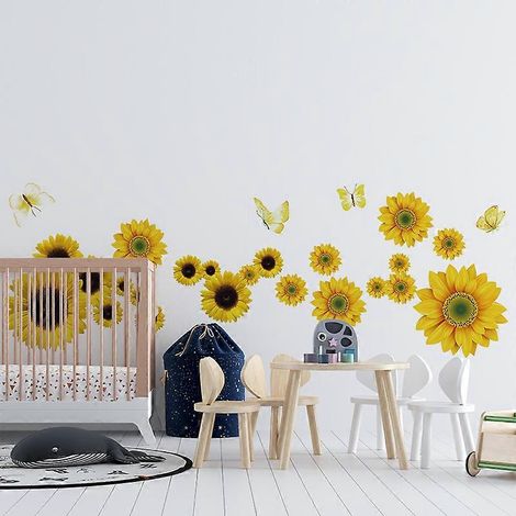 Stickers muraux d'été Decalmile : tournesols, fleurs de jardin, papillons, décoration murale pour chambre, salon et mur TV (1/5)