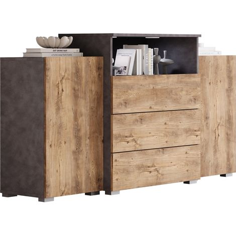 Cómoda Sarasota 127, Madera gris + Castaña, Con cajones y puertas, Número de cajones: 3, 81x150x39cm, LED