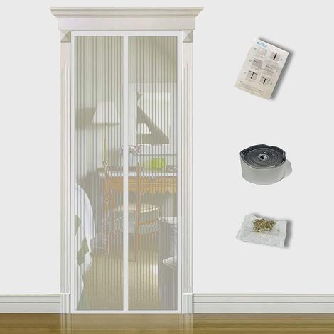 Moustiquaire Porte Magnétique,70x200cm Rideau en Maille Anti Moustique Mouches Insectes,Aimantée Bande Adhésive Fermeture Automatique,Facile à Installer Sans Perçage,Blanc (1/5)