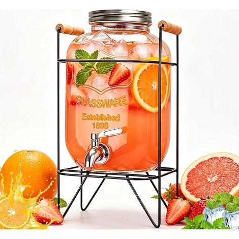 Distributeur de Boissons en Verre avec Support, Jus de Fruits avec robinet étanche pour BBQ, fêtes à la piscine et réunions de famille pendant les vacances (1/5)