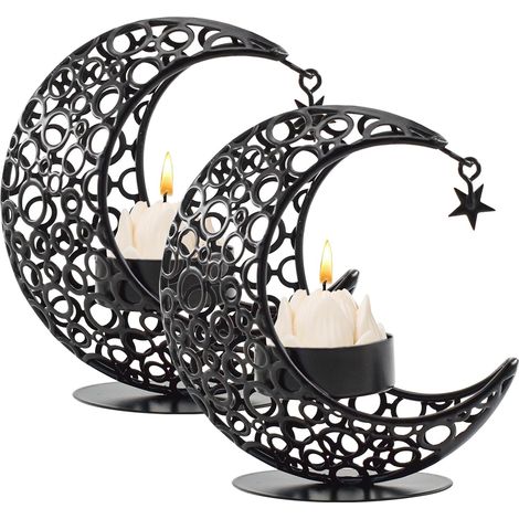 Lot de 2 photophores en métal pour bougie chauffe-plat - Photophores décoratifs pour fête - Décoration d'intérieur - Noir (1/5)