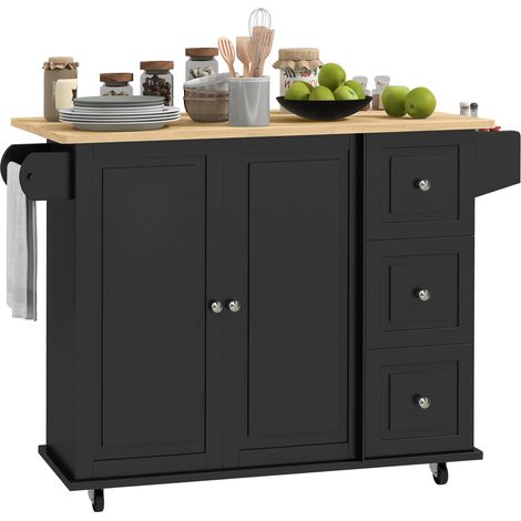 Kitchen Island 3 Drawers on Castors with Drop Leaf, Black (1/5)