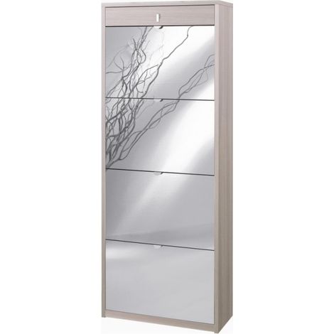 Meuble à chaussures à 4 portes miroir avec 1 tiroir, 63L x 29P x H164 cm – Finition orme clair – Sarmog