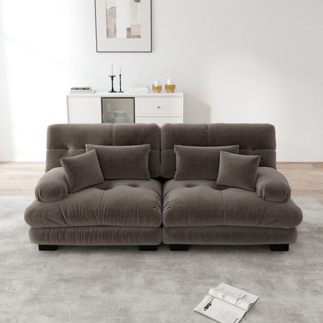 Divano modulare a 2 posti 220x77x81 cm - Tessuto ciniglia effetto cloud con 2 cuscini lombari e 2 decorativi - Marrone