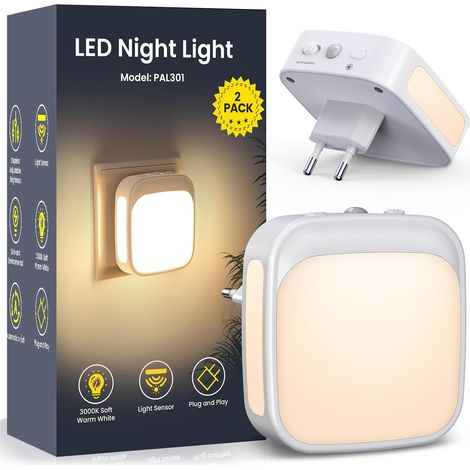Veilleuse Prise Electrique, Lot de 2 Veilleuses LED avec Capteur de Crépuscule, Luminosité réglable, Veilleuse Enfant pour Chambre, Cuisine, Couloir, Escalier, Salon, Blanc Chaud (1/5)