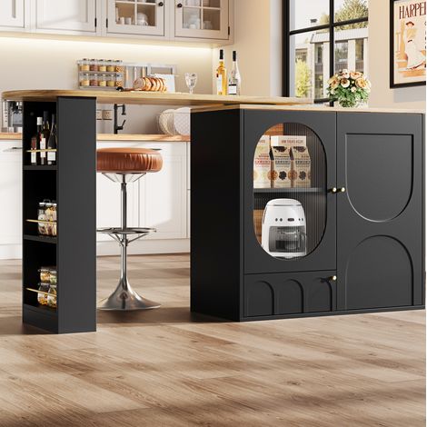 Mesa bar giratoria de MDF y metal, 204 x 39 x 105 cm, negra, con 3 puertas y almacenaje (1/5)