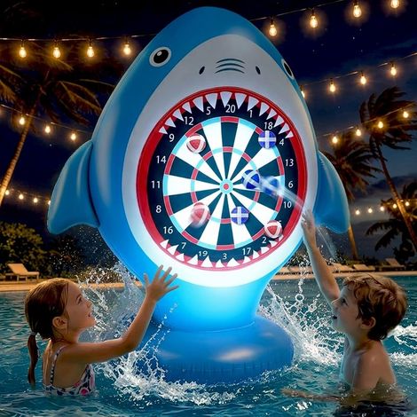 Jeu Fléchette Gonflable Piscine, Cible Fléchette Requin avec 10 Balles Velcro, Jouet Piscine pour Enfant Adulte,Bleu - Avec lumiere