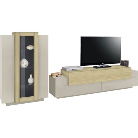Parete Attrezzata Soggiorno 280 cm Porta TV Vetrina Legno Beige Rovere (1/4)