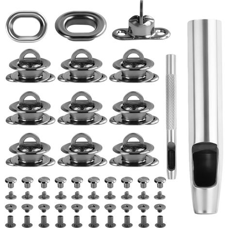 Lot de 72 bouchons à visser - Œillets, rivets creux et bouchons à vis en cuivre rouge et gris foncé - Kit de fixation pour sacs, cuir, bâches avec outils (gris foncé) (1/5)