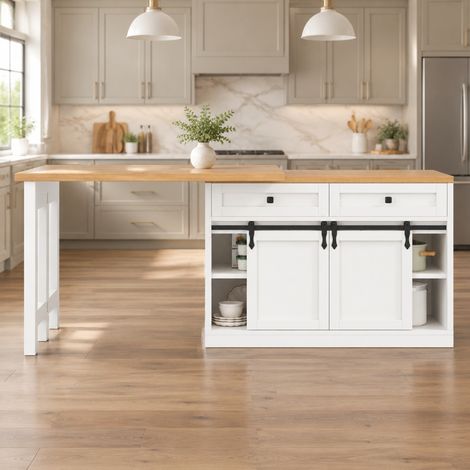Drehbare Kücheninsel 120-197 cm, Schiebetüren, 2 Schubladen, weiß OKMYHOME (1/5)