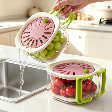 Lot de 2 bols à fruits 2 en 1 avec couvercle, bac d'égouttement et poignée pliable (1/5)